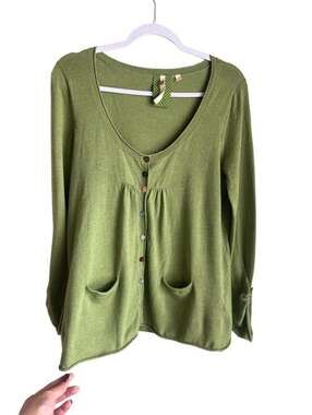 White Stuff Cardigan Size 12 Green Cotton Knit Scoop Neck Multi Button Pockets